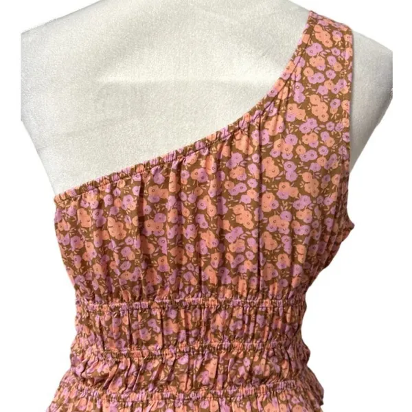 BP Allison One Shoulder Crop Top Floral Pattern Shirred Waist Pink W Small NWOT - Image 6