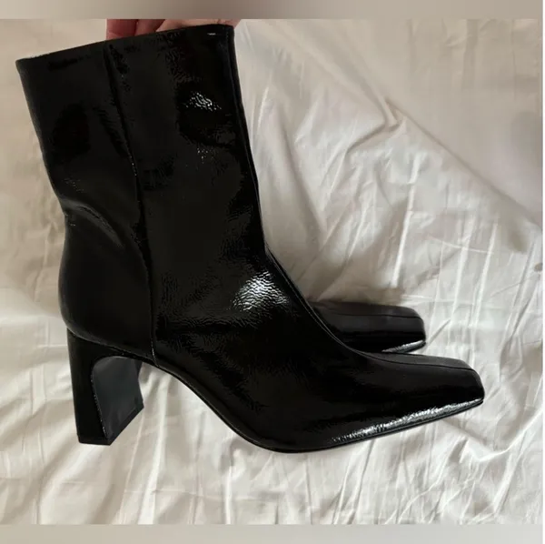 Black Patent Glossy Shine Leather Ankle Boots Block Heel Square Toe - Image 10