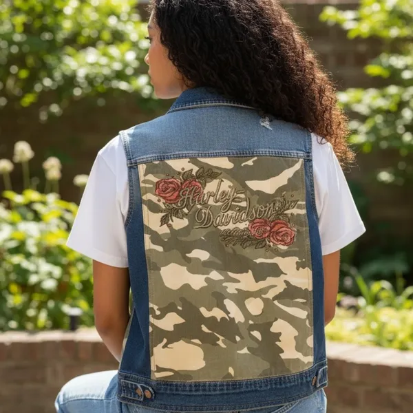 Harley Davidson Vintage Stud Denim Vest Size M Blue Camo NWT - Image 2