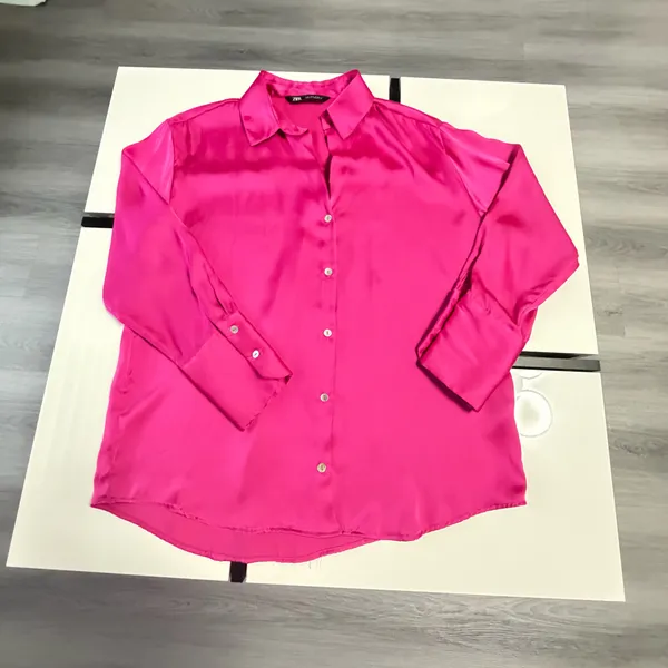 Zara Hot Pink Satin Button-Down Blouse Wide Cuffs Size Medium🎀 - Image 12