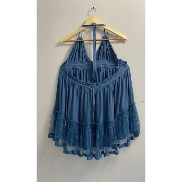 ⁠R Vivimos Blue Halter Mini Dress Size L Boho Mesh Polka Dot Tiered Babydoll - Image 4