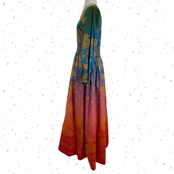 Farm Rio Smocked-Waist Dress Anthro Paisley Long Sleeve Boho Jewel Tone Size S - Image 2