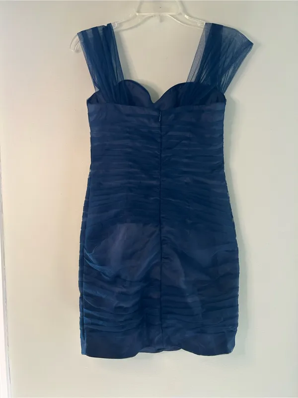 Navy Blue Sheer Overlay Ruched Cocktail Dress - Image 3