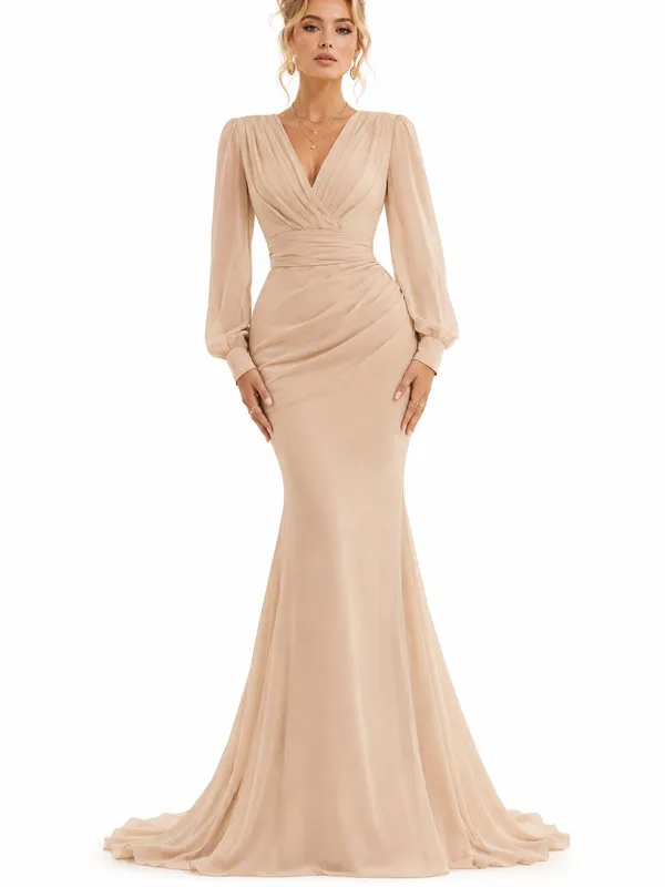 Faeriesty Champagne Ruched V Neck Long Sleeve Mermaid Formal Gown Size XL - Image 6
