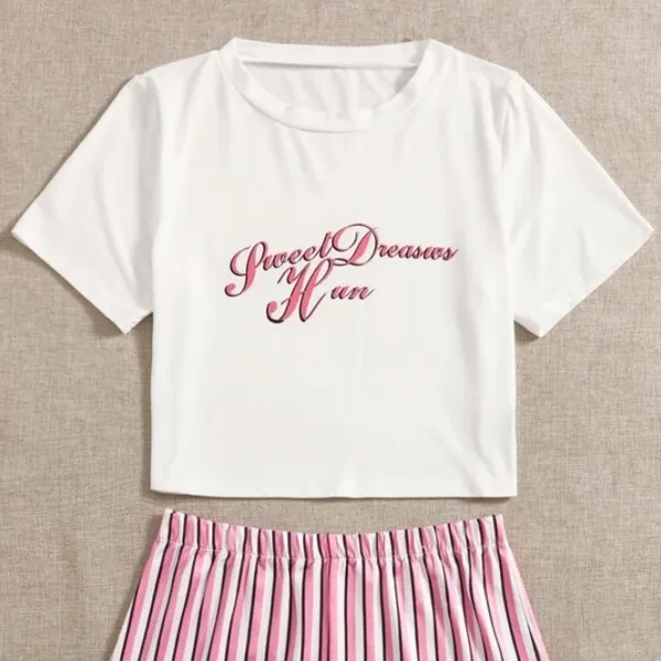 SHEIN Slogan And Stripe Print Pajama Set - Image 7