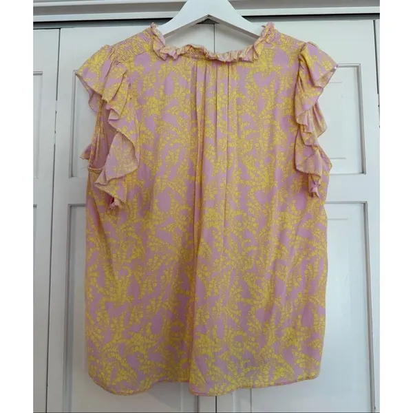 Karlie pink and yellow ruffle sleeve tassel tie top large - Image 5