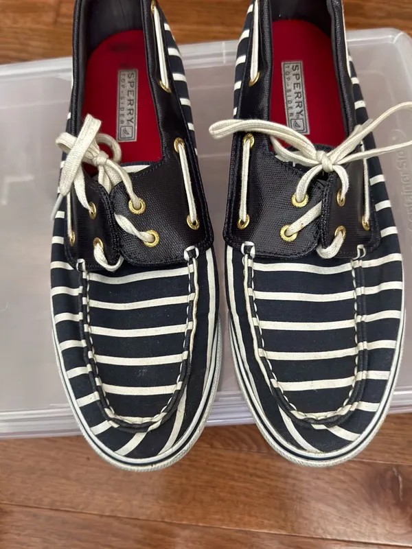 Sperry Black & White Striped Canvas Boat Shoes with Red Insole - Image 5