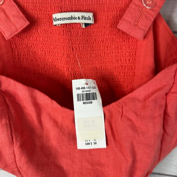 Abercrombie and Fitch NWT Linen Crop Top Size M Coral Smocked Tie Hem Cami - Image 5