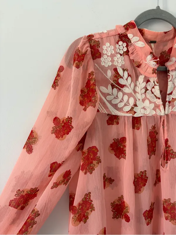 Free People Pink Red Patricia Floral Embroidered Sheer Long Sleeve Boho Blouse M - Image 2