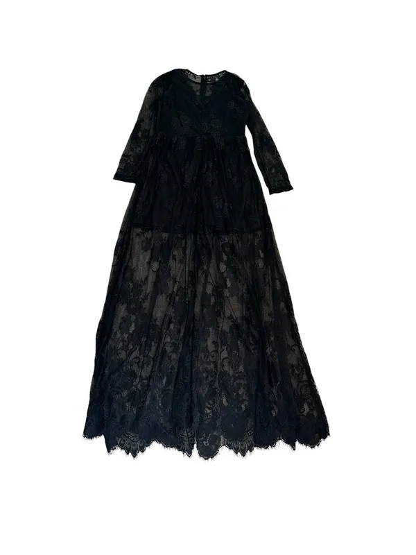 Womens Black Lace Maxi Dress Flowy Goth Witchy Evening Party Dark Romance - Image 5