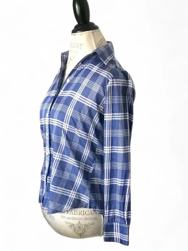 Banana Republic ‘Soft Wash’ Blue & White Plaid Button Up Blouse Sz XXS - Image 3