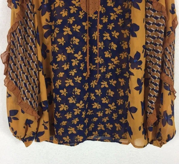 Cabi Harmony Gold Navy Ruffle Floral Peasant Semi Sheer Blouse Top XS - Image 9