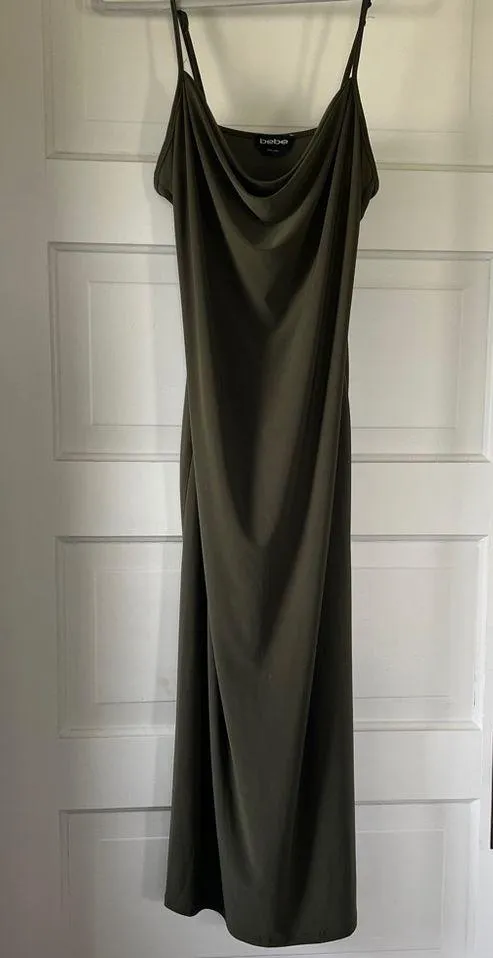 Bebe cowl neck spaghetti maxi strap dress in olive green size L - Image 2