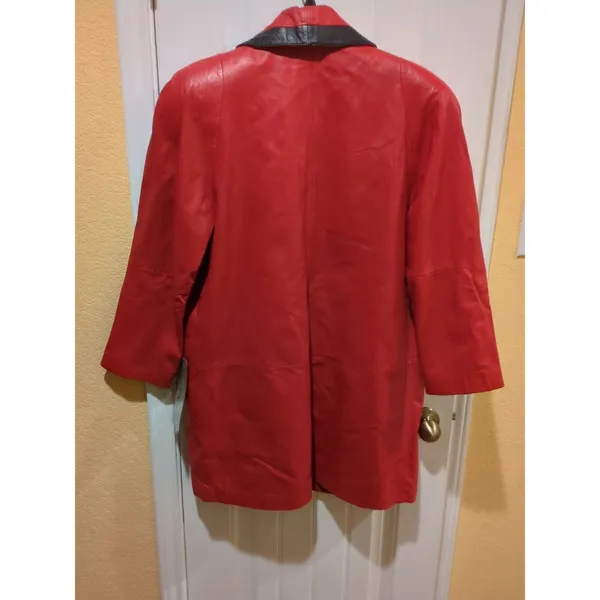 Tibor Womens Leather Coat Jacket Trench 80s Medium Red Long Vintage Korea - Image 8
