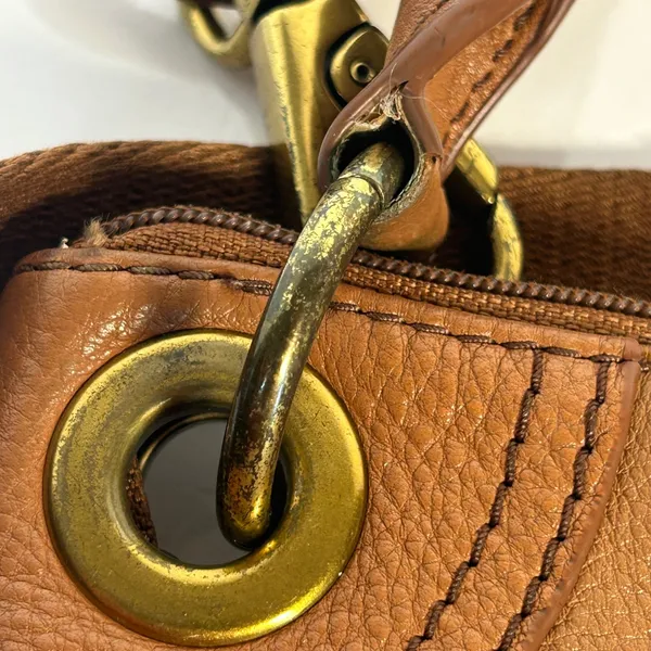 Fossil Cognac Brown Pebbled Leather Convertible Crossbody Bag Antique Brass‎ Zip - Image 9