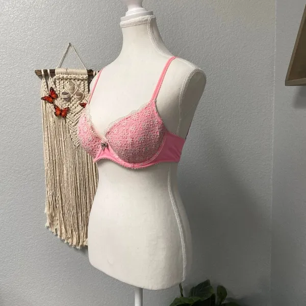 Victoria'S Secret Lined Demi Buste Double Pink White Floral Embroidery Lace - Image 3