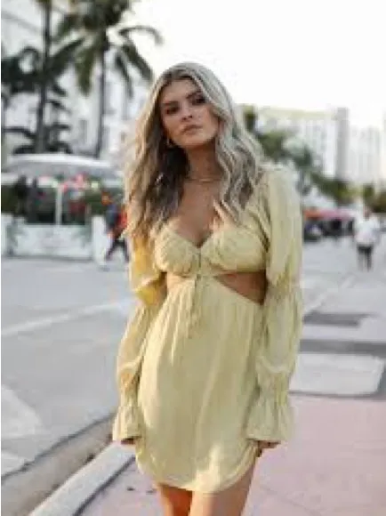Kittenish mini dress long sleeve cutout vneck open back mustard butter tie front - Image 3