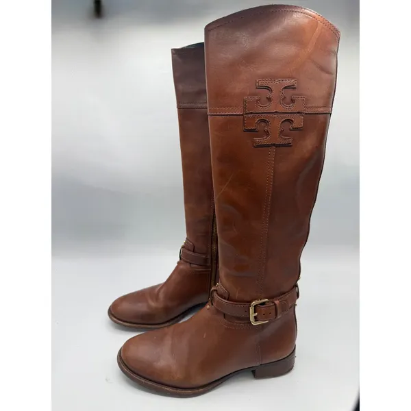 Tory Burch Riding‎ Boots Women's 6.5 Cognac Leather Tall Equestrian Logo Boots - Image 9