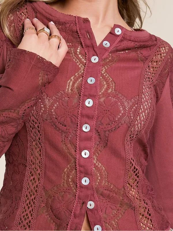FREE PEOPLE Jae Knit Sheer Lace Long Sleeve Top Cardigan Cropped Y2K Boho XS - Image 7