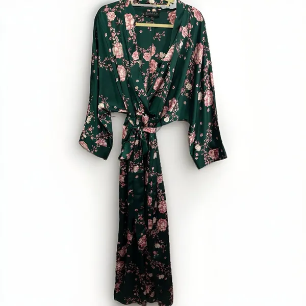 Eloquii Womens Satin Faux Wrap Dress Green Pink Floral Blossoms Kimono-Inspired - Image 2