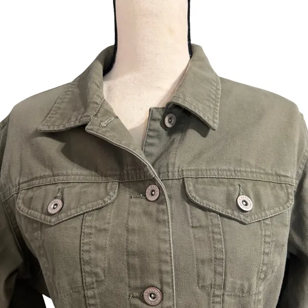 Eddie Bauer Wmns 100% Cotton Olive Green Denim Jean Jacket Sz M Classic Trucker - Image 2