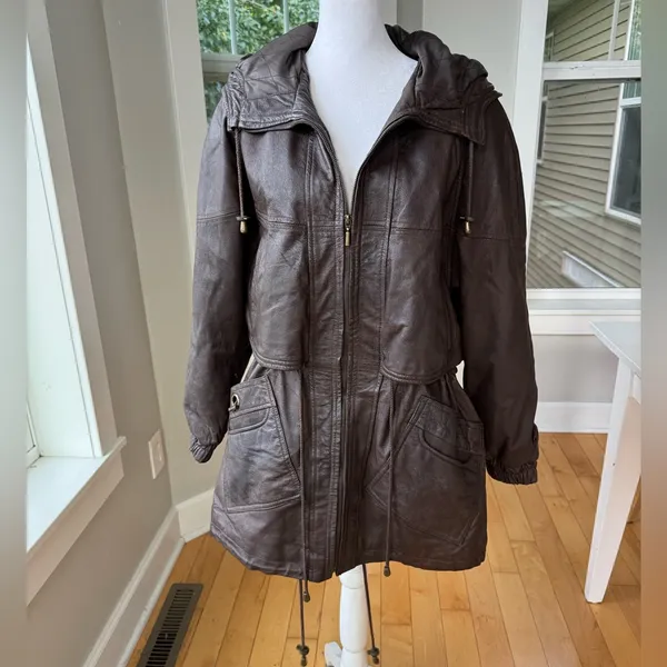 Vintage GIII Brown Genuine Leather Jacket Hooded Anorak Trench Coat Sz Small - Image 12