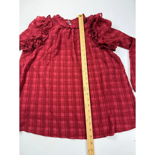 Entro Plaid Ruffle Long Sleeve‎ Blouse Top Keyhole Casual Red Size S - Image 3