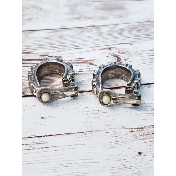 Vintage Clip On Earrings - Elongated Thick Hoops with Gems - Tarnished - Image 6