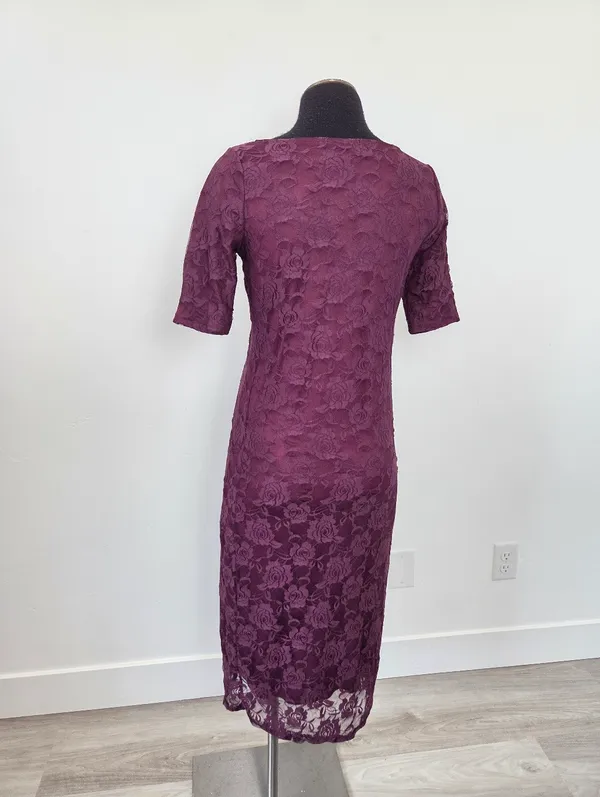 Sign Here Purple Floral Lace Midi Dress Formal Church Office Workwear Small - Image 4