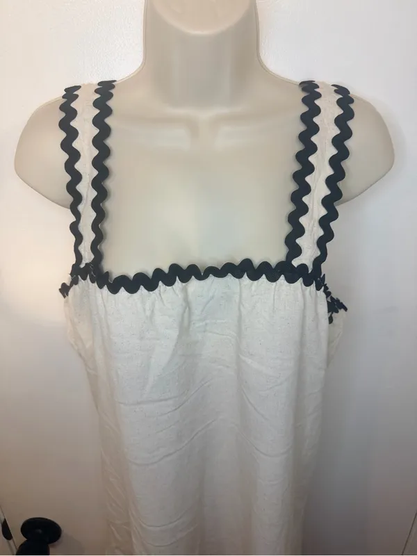 4our Dreamers Size L Cream Linen Blend Dress Black Rickrack Trim Square Neck NWT - Image 6