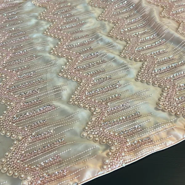 Peach Pink Beaded Sequin‎ High Low Formal Dress Long Sleeve Pearl Detail Gown - Image 11