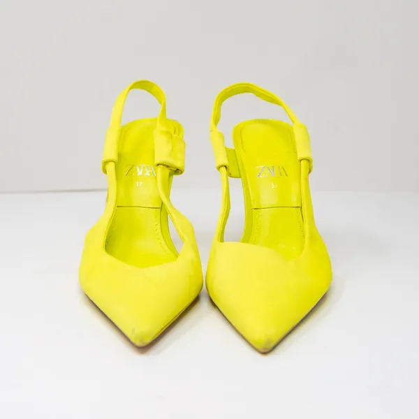 Zara Fabric Wrapped Pointed Toe Slingback High Heels Shoes Neon Yellow 7 - Image 2