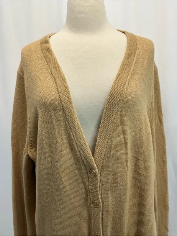 GAP V-Neck Button Cardigan Camel Tan Elbow Patches Wool Blend Grandpa Academia - Image 4