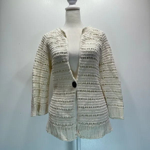 Vintage Y2K GAP Cardigan Sweater Cotton Wool Angora Loose Knit Cream Cottagecore - Image 5