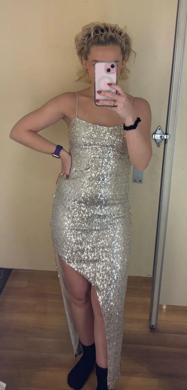 Gold Champagne Sequin Formal Maxi Gown XS - Image 5