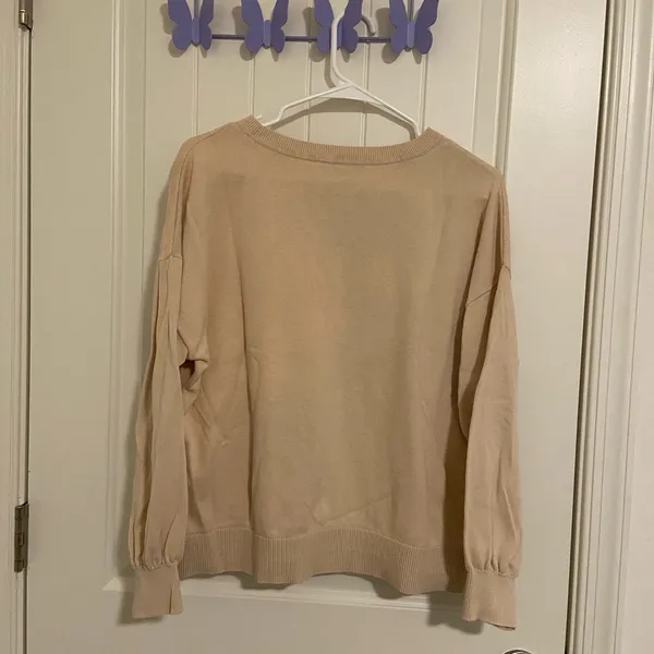 LOFT women’s tan pink Weekend thin knit‎ crewneck long sleeve sweater large - Image 6