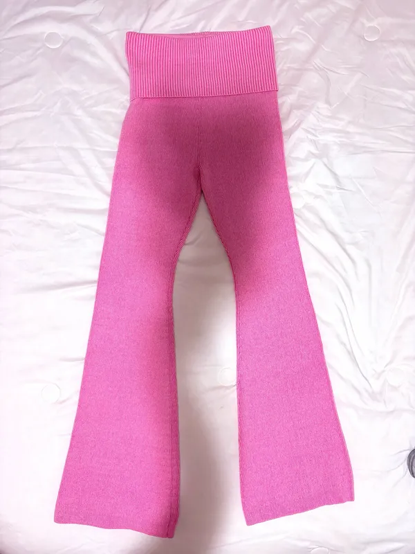 Pink Cable Knit Mock Neck Sweater & Fold-over Leggings - Image 3