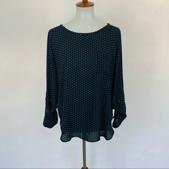 Loft Polka Dot Blouse Teal Blue Long Sleeve Workwear‎ Career Top Medium Blouse - Image 8