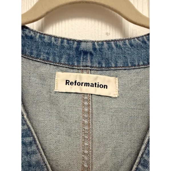 Reformation Colby Denim Mini Dress Blue Button Front‎ Sleeveless Size 4 - Image 4