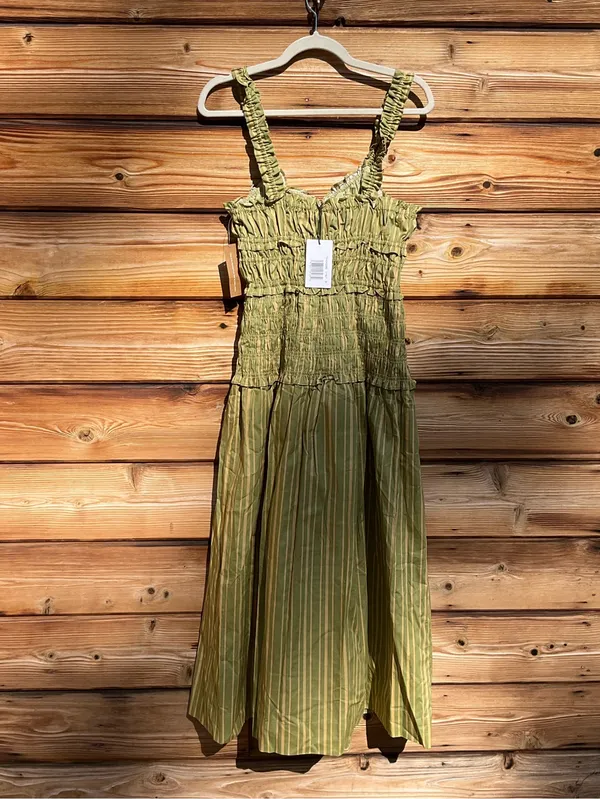 Few Moda o.p.t Freya Size M Green Striped Smocked Fit Flare Midi Cotton Dress - Image 9