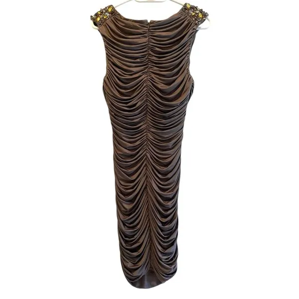 JS Boutique Cocktail‎ Dress Brown Beaded Shoulder Ruched Bodycon Womens Size 10 - Image 4