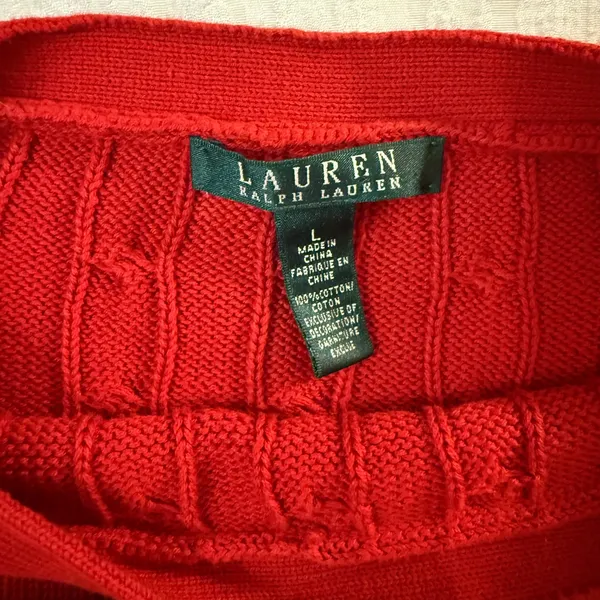 Lauren Ralph Lauren Red Cable Knit Boat Neck Sweater Gold Button Detail Womens L - Image 3