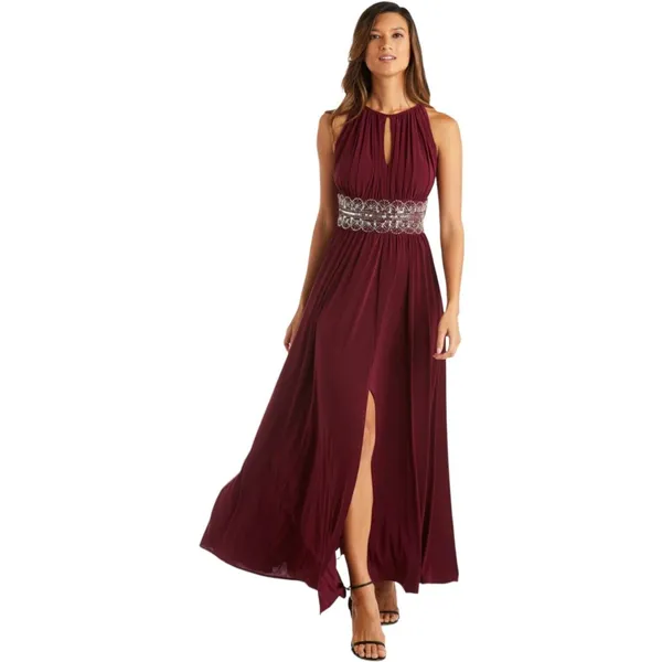 R&M Richards Halter‎ Sleeveless Long Gown Beaded Waist Purple Eggplant Size 4 - Image 5