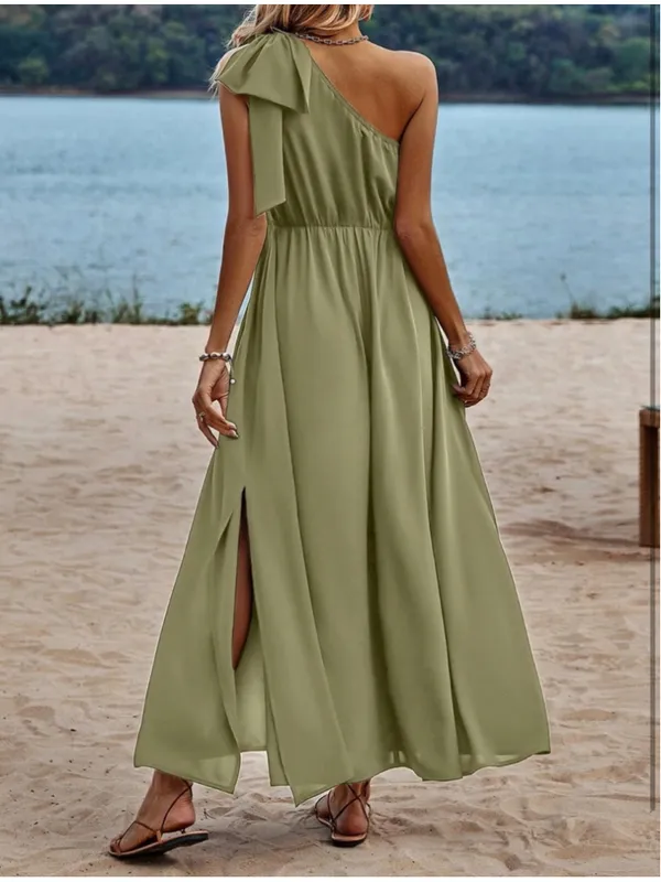 NEW Olive Green One Shoulder Maxi Dress S - Image 2