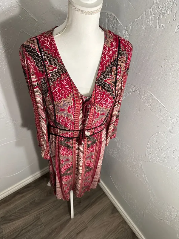 Reba Red & Brown Boho Tie-Front Long-Sleeve Midi Dress - Image 8