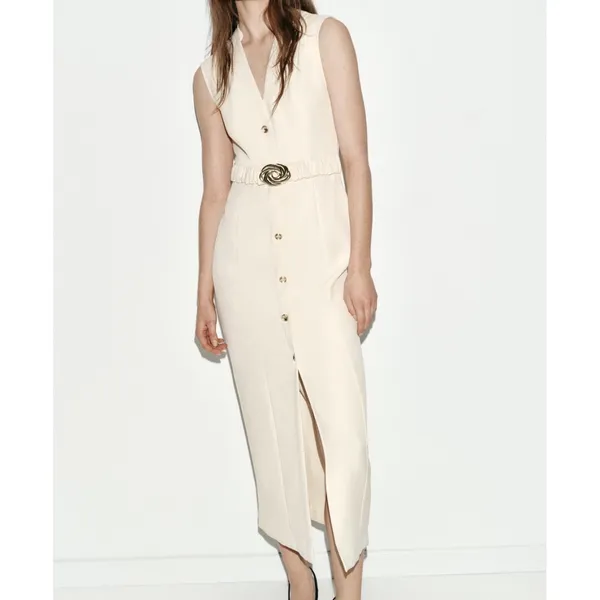 Zara Ecru Midi Dress Gold Buttons Sophisticated Minimalist Quiet Luxury Cream - Image 10