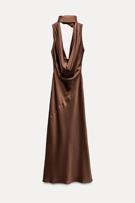 Zara maxi halter scarf satin plunge neck Brown Evening Wedding - Image 11