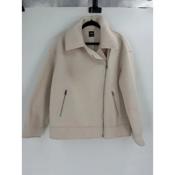Zara Biker Jacket Women Medium White Boucle Asymmetric Zip Oversized Minimalist - Image 4
