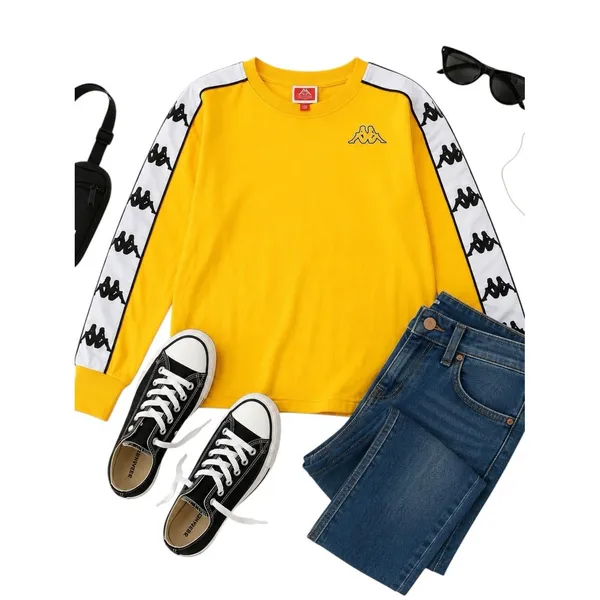 Kappa Banda Logo Tape Long Sleeve Top Yellow White Streetwear Women Small in EUC - Image 2