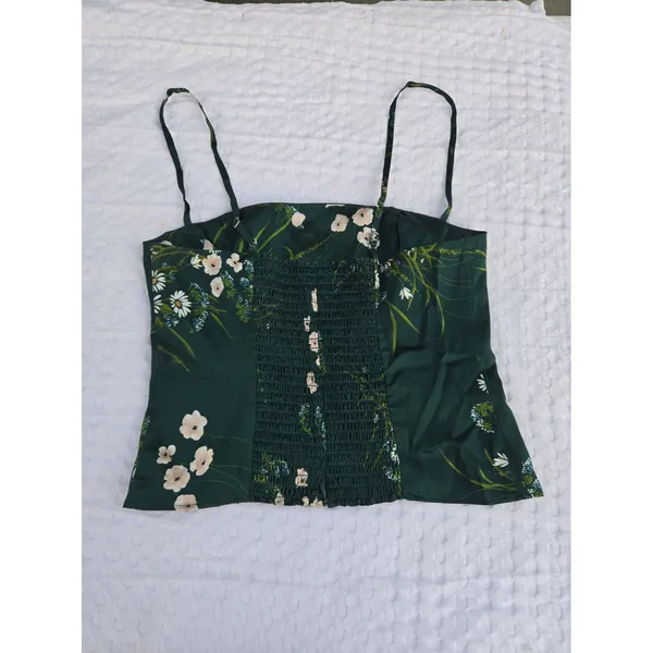 Reformation Overland Silk Floral Daisy Cami Top Green Smocked Back Size 0 - Image 4